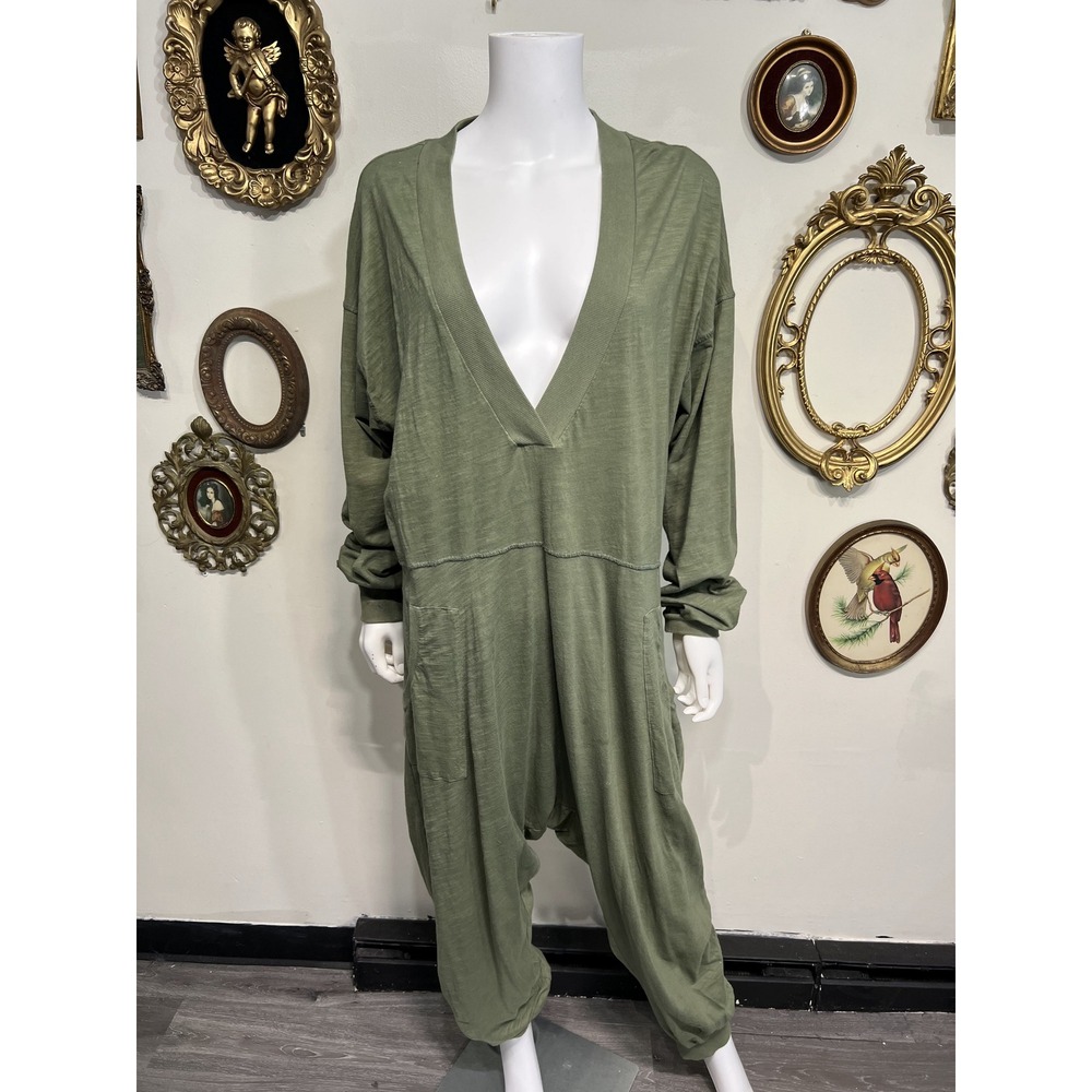 Free People Intimately Olive Green Slouchy Long Sleeve Knit Jumpsuit Large